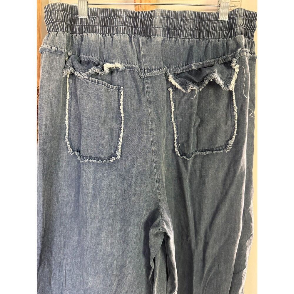 Easel Womens Large Wide Leg Boho Hippie Blue Denim Drawstring Stretch Pants - Picture 4 of 6
